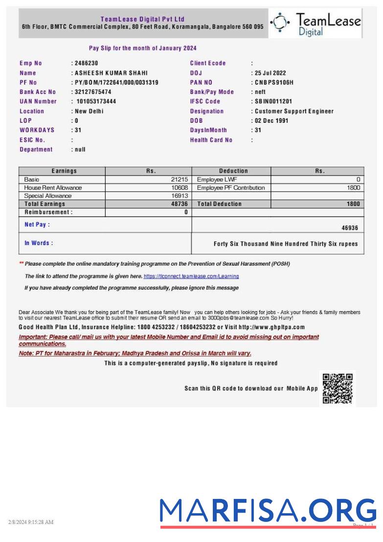 Blank TeamLease Digital payslip template